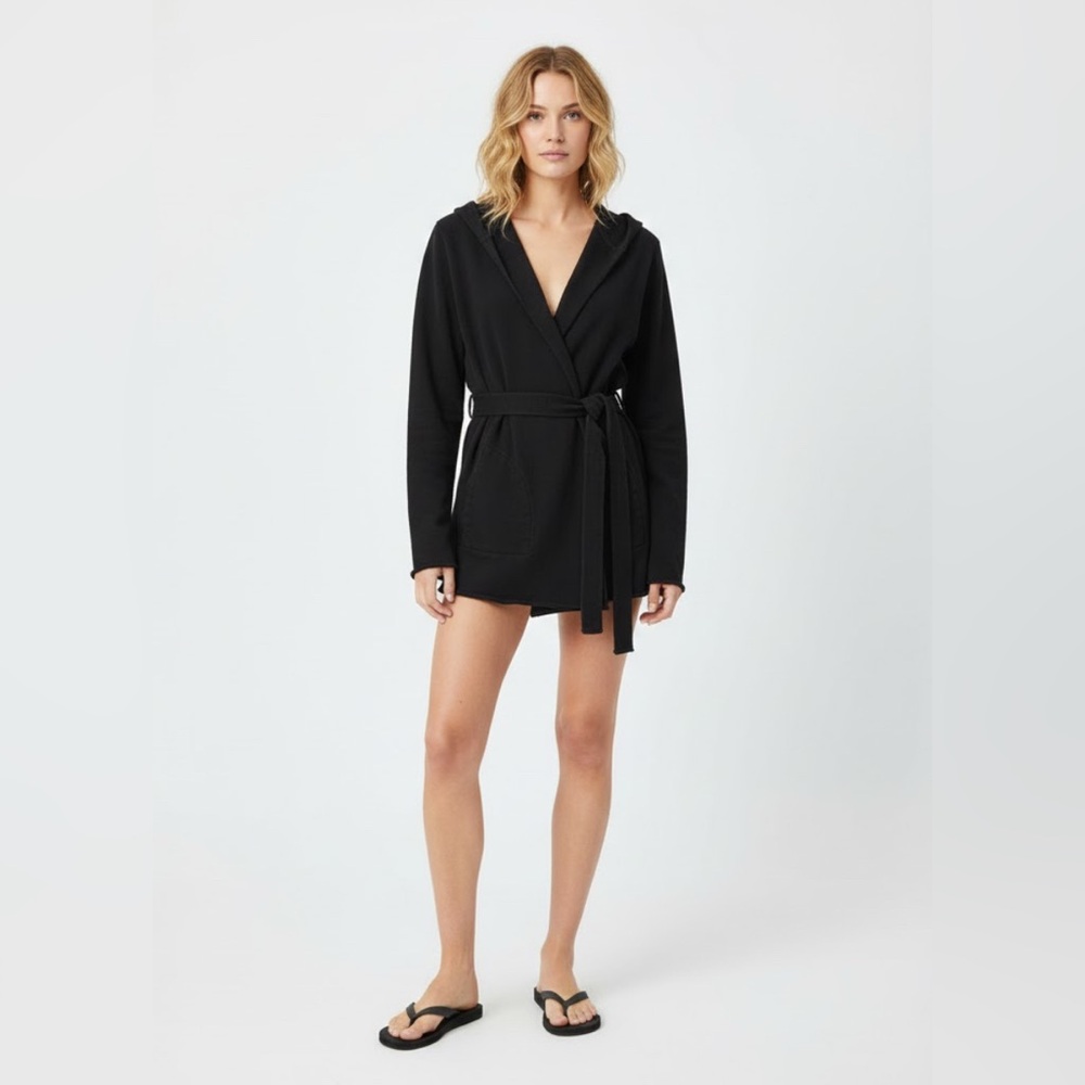 Lucky Brand Black Hooded Robe-Like Open Cardigan Wrap Sweatshirt Size Small